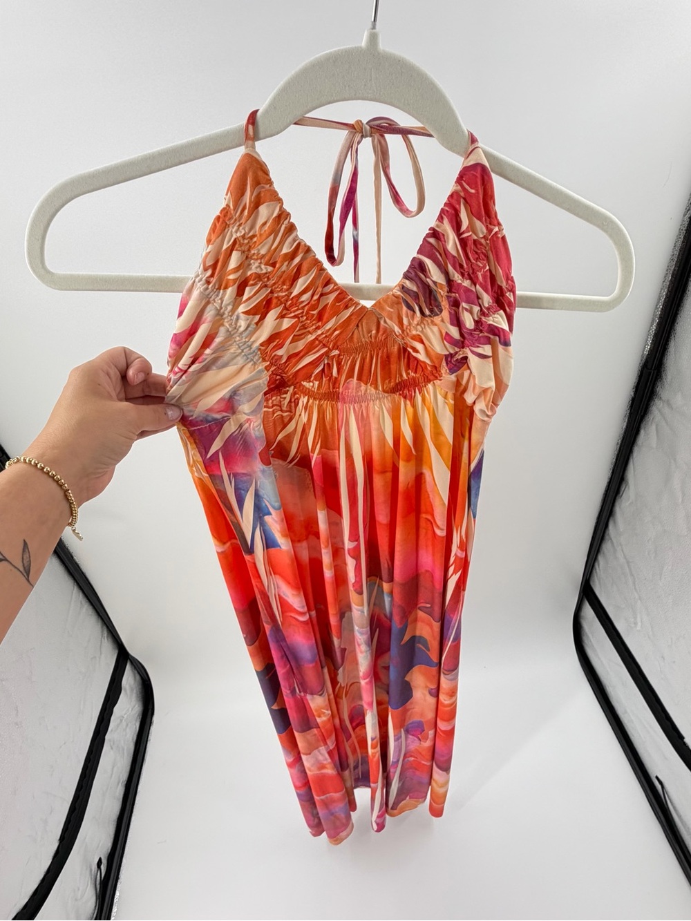 y2K L8ter Tropical Floral Halter Maxi‎ Dress Orange Red Purple Large VPK45R40A